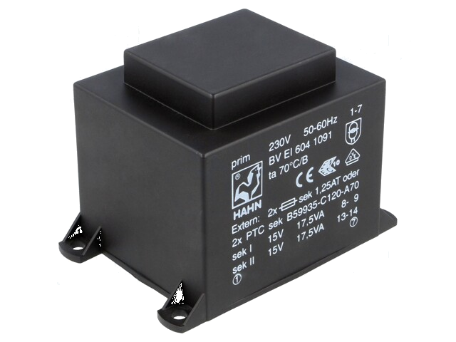 Transformator: ingegoten; 35VA; 230VAC; 15V; 15V; 1167mA; 1167mA Transformator: ingegoten; 35VA; 230VAC; 15V; 15V; 1167mA; 1167mA
